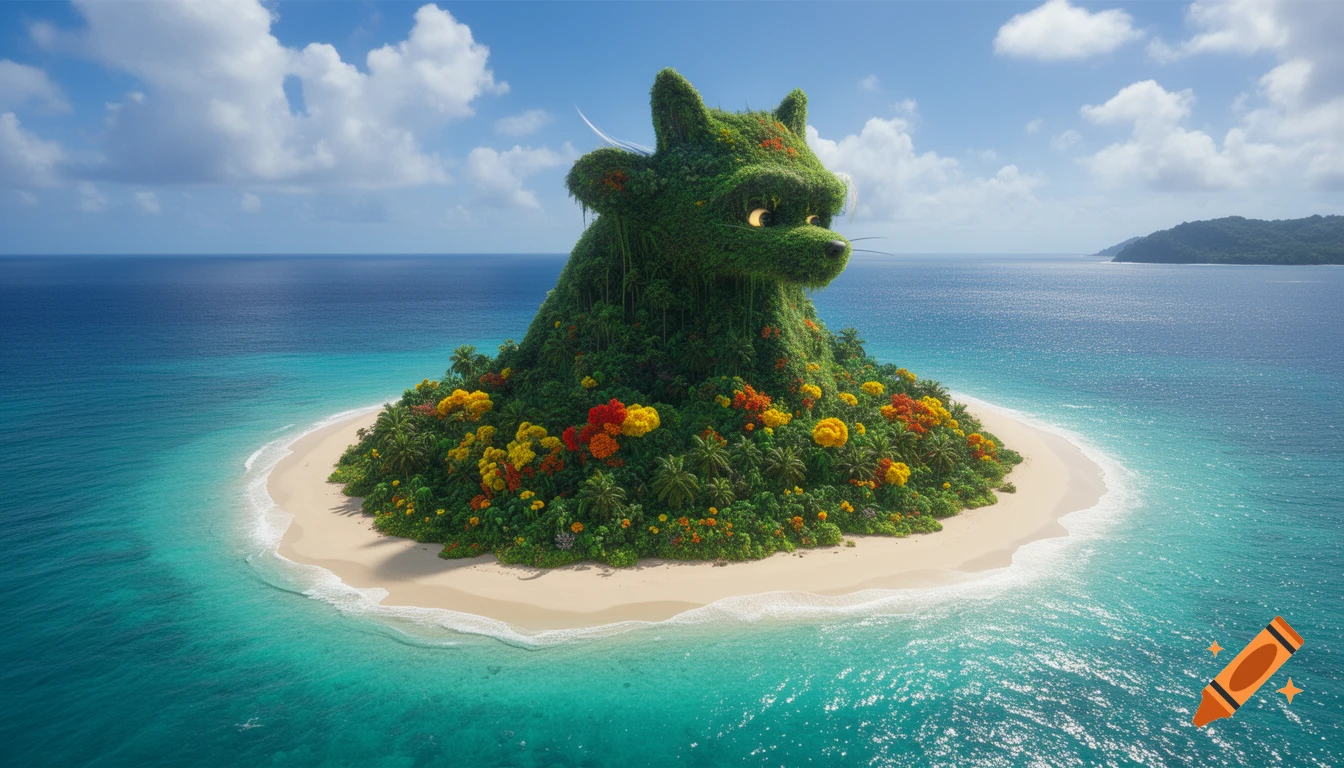 A vibrant tropical island shaped like a lemur's head, covered in lush greenery and colorful flowers, surrounded by clear turquoise water.