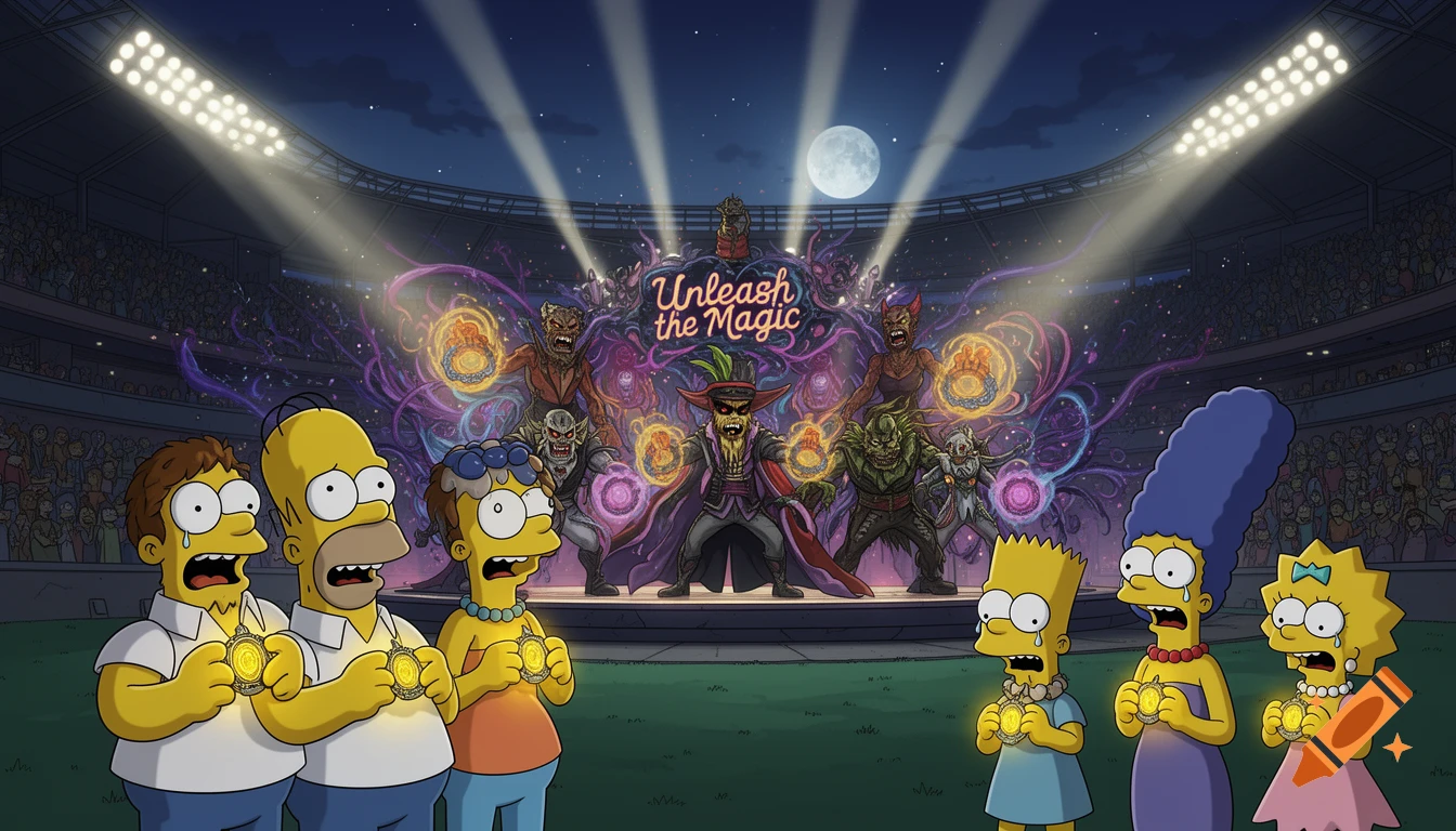 The Simpson family, scared and crying, hold glowing amulets as a group of villains stand on a stage under an "Unleash the Magic" banner in a cartoon stadium at night.