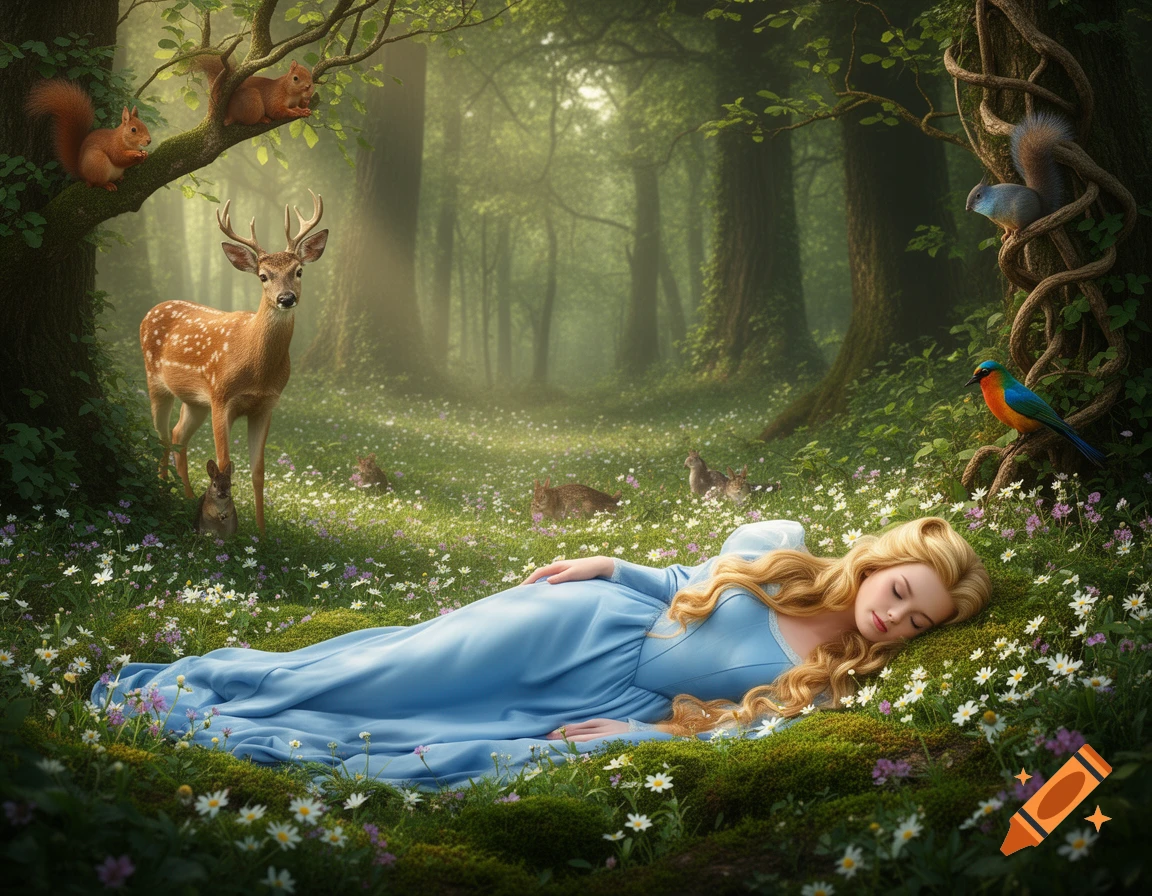 A blonde woman in a blue dress sleeps peacefully on a mossy forest floor amidst wildflowers, watched by deer, squirrels, and birds.