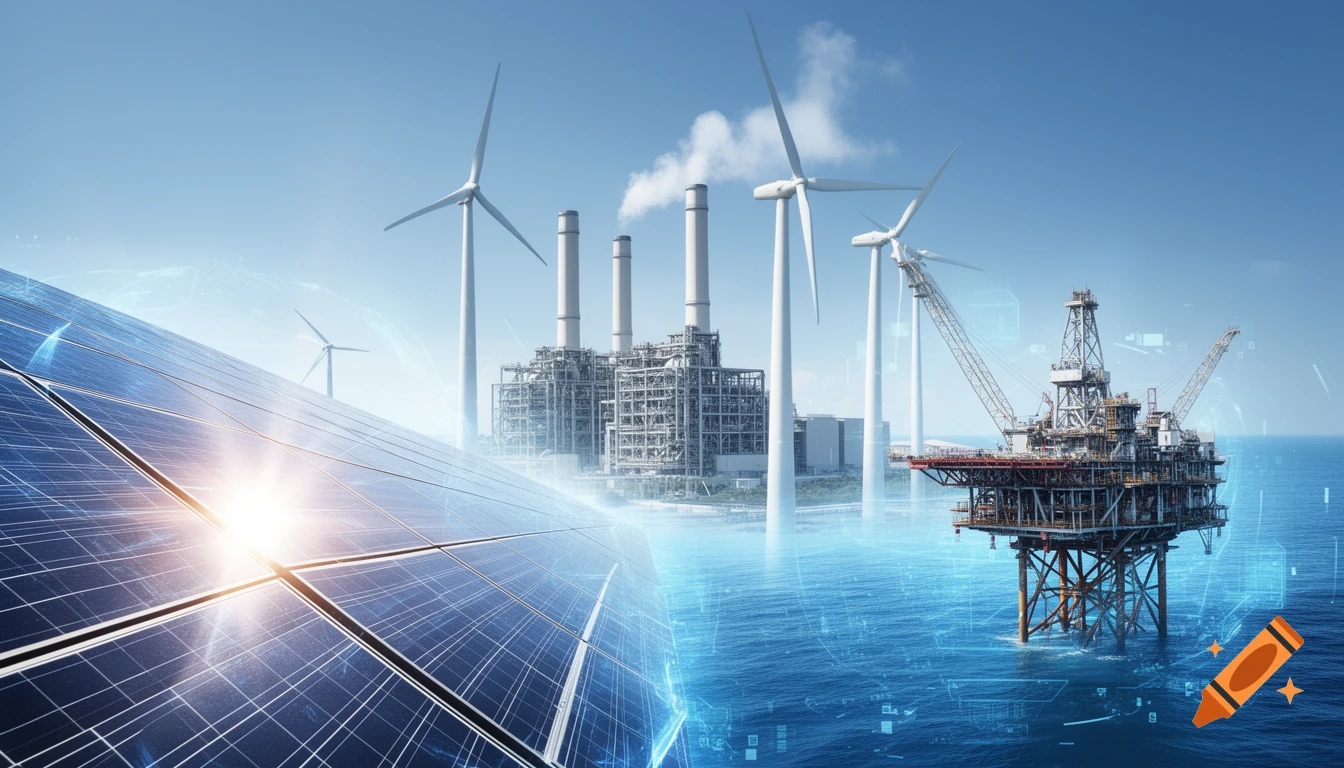 Photorealistic image of solar panels, wind turbines, a power plant, and an offshore oil rig with glowing tech overlays, symbolizing diverse energy sources.