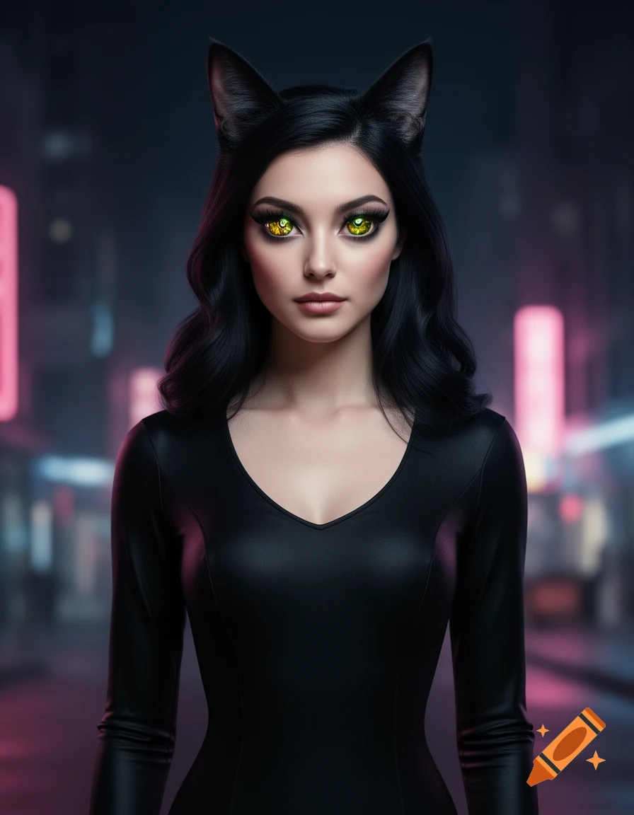 A woman with dark hair, cat ears, and glowing yellow eyes wears a black v-neck top in a neon-lit city street, photorealistic style.