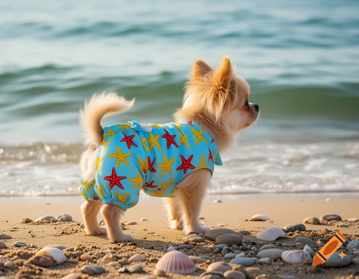 A fluffy chihuahua dog in a blue starfish-patterned swimsuit stands on a sandy beach, looking at the ocean.