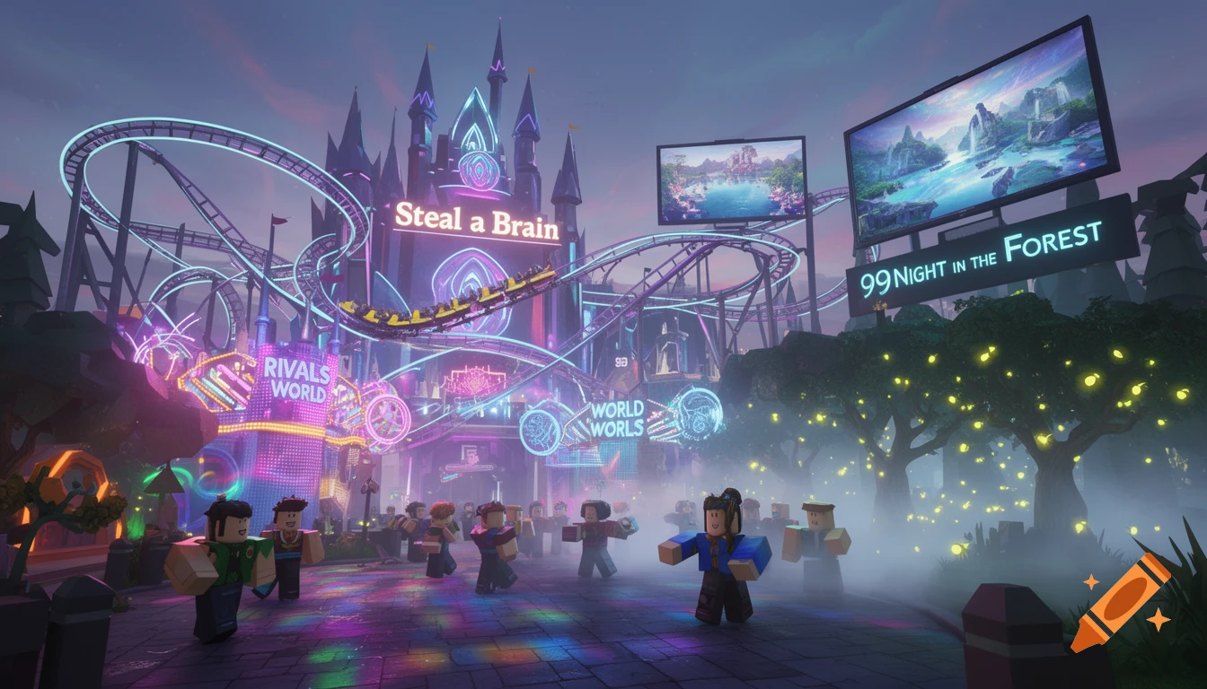 A vibrant Roblox theme park at dusk, featuring blocky characters, neon-lit roller coasters, a fantasy castle, and large billboards.