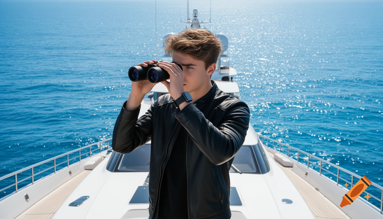 A young man in a black leather jacket on a luxury yacht, looking through binoculars across the sparkling blue ocean. Photorealistic.