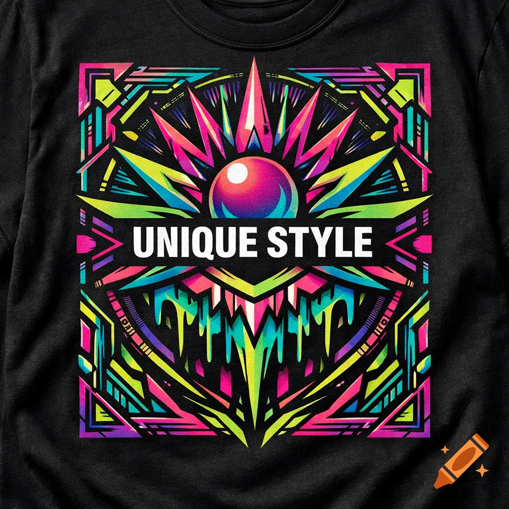 A black t-shirt with a vibrant, neon geometric and abstract design featuring a central glowing sphere and the text 'UNIQUE STYLE'.