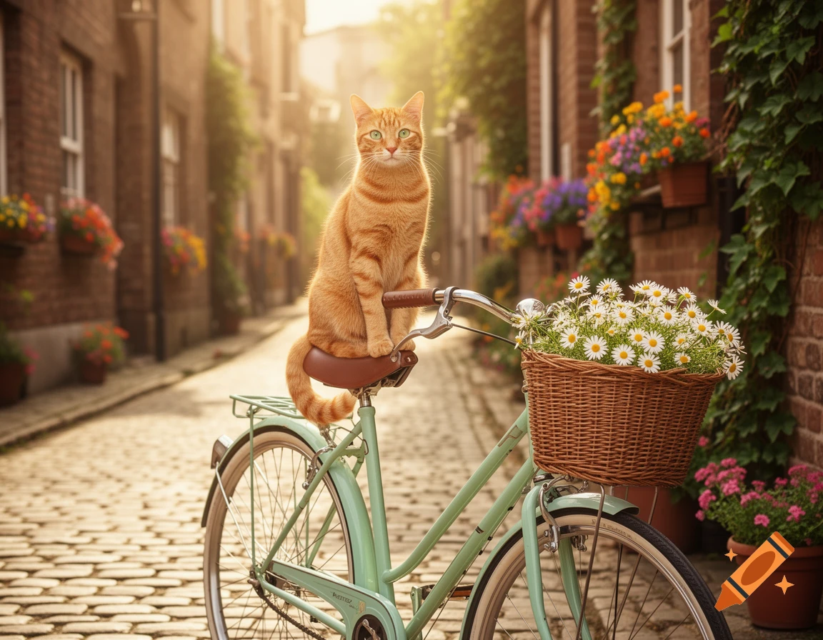 An orange tabby cat sits on the seat of a mint green bicycle with a basket of daisies on a cobblestone street lined with brick buildings and flowers, bathed in warm sunlight.