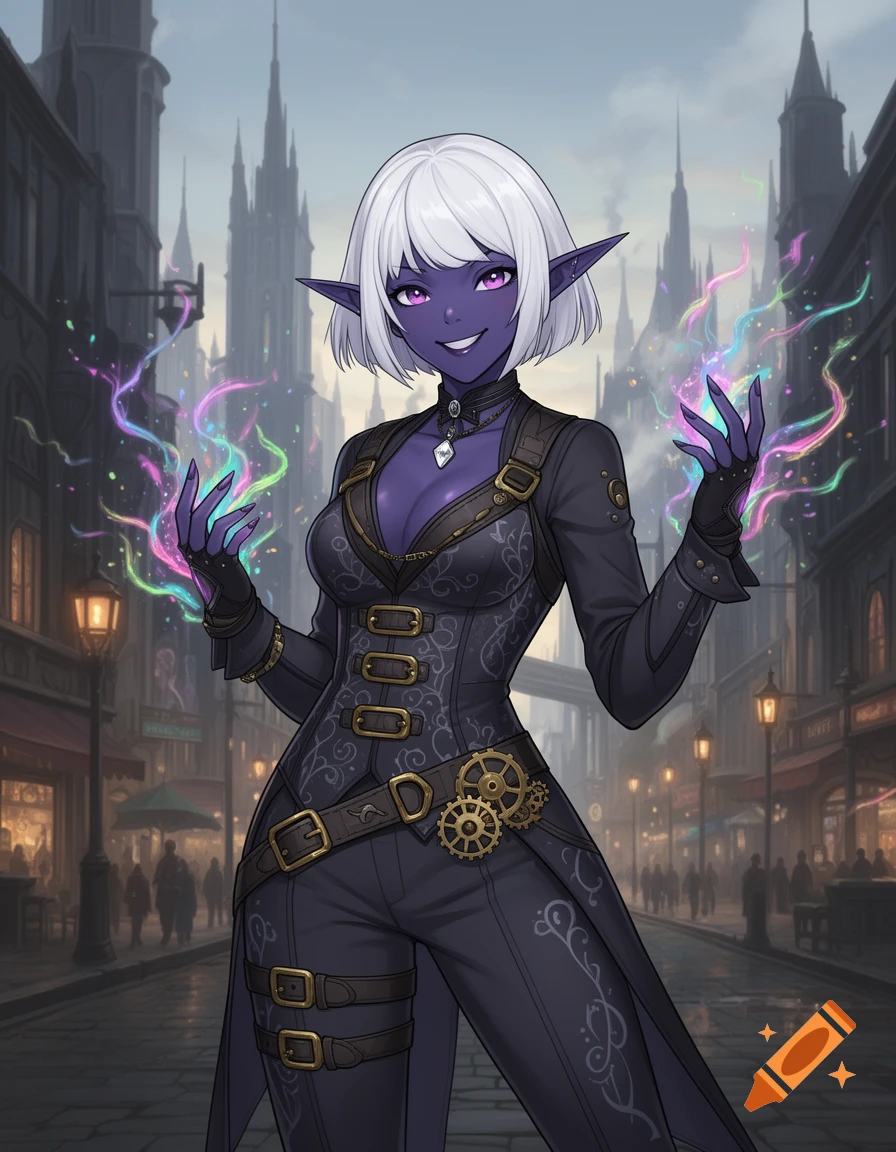 An anime-style Drow elf woman with white pixie hair and dark indigo ...
