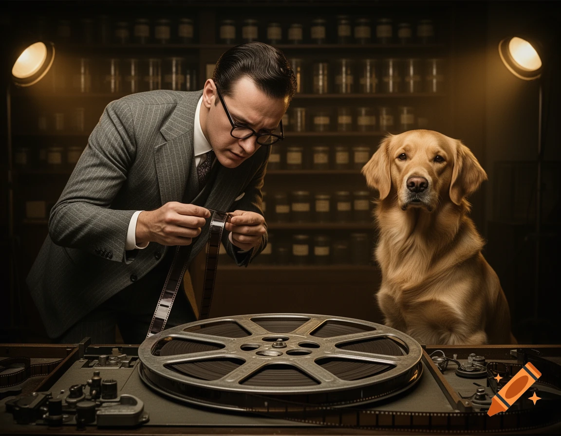A man in a suit examines a film strip over a large reel, with a golden retriever beside him in a vintage film room.