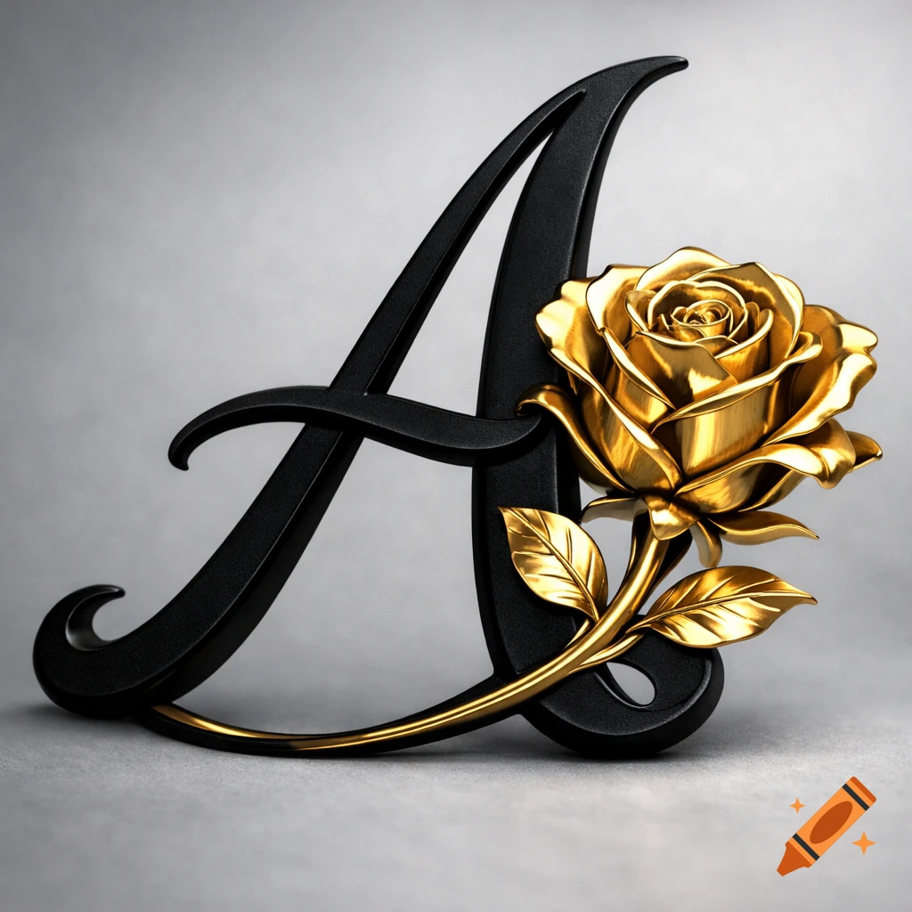 A black, elegant cursive letter 'A' intertwined with a highly detailed golden rose and stem, set against a plain grey background.