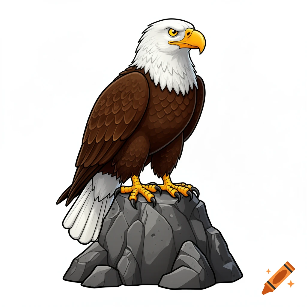 Cartoon bald eagle with white head and brown body standing on a grey rock on a white background.