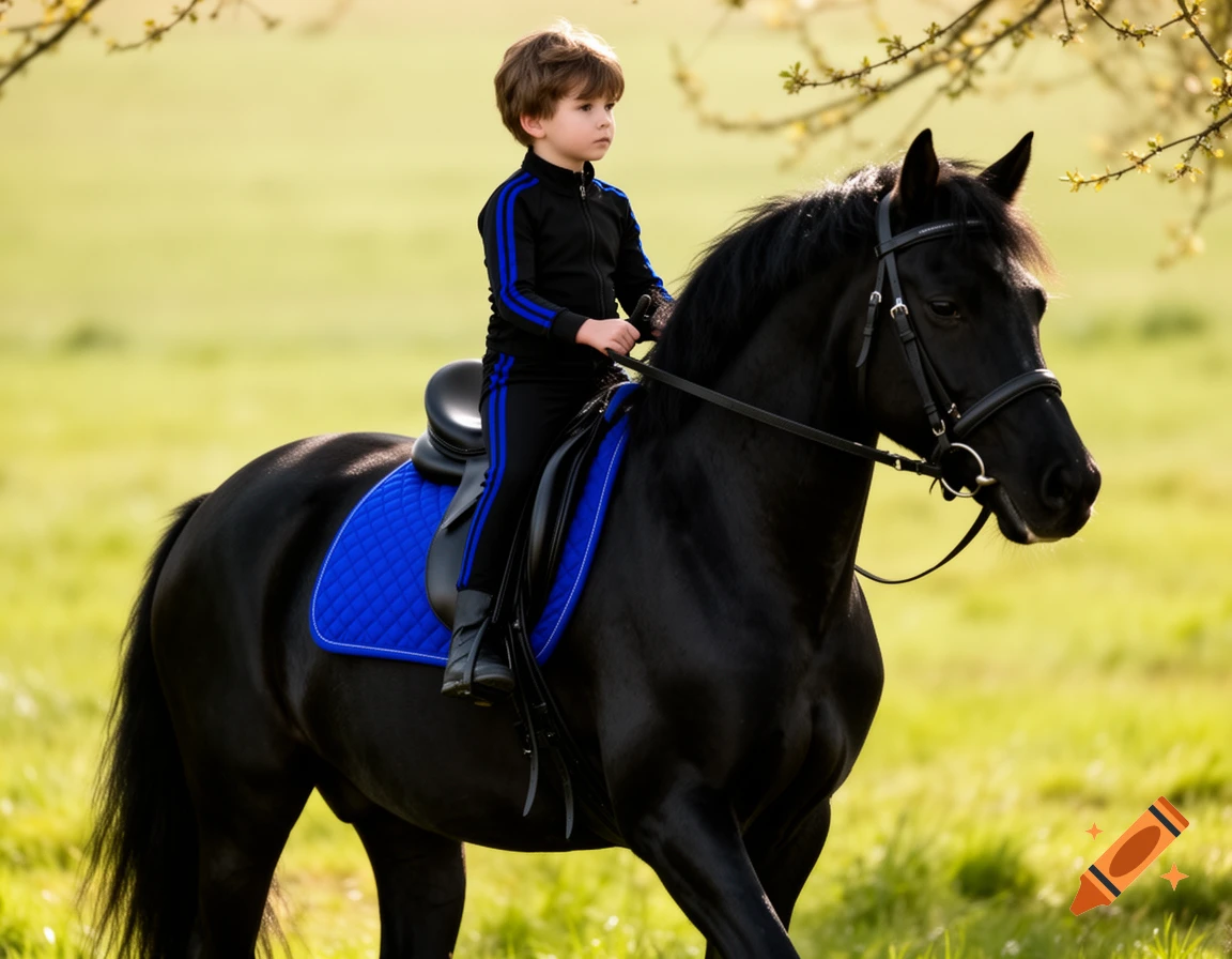 A young boy in a black and blue tracksuit rides a black horse with a blue saddle pad in a sunny green field.