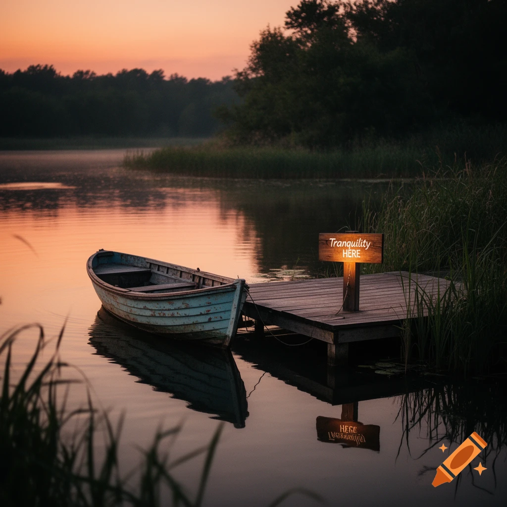 A serene boat is tied to a wooden dock on a calm lake at sunset, with a sign reading 'Tranquility Here' amidst tall reeds.