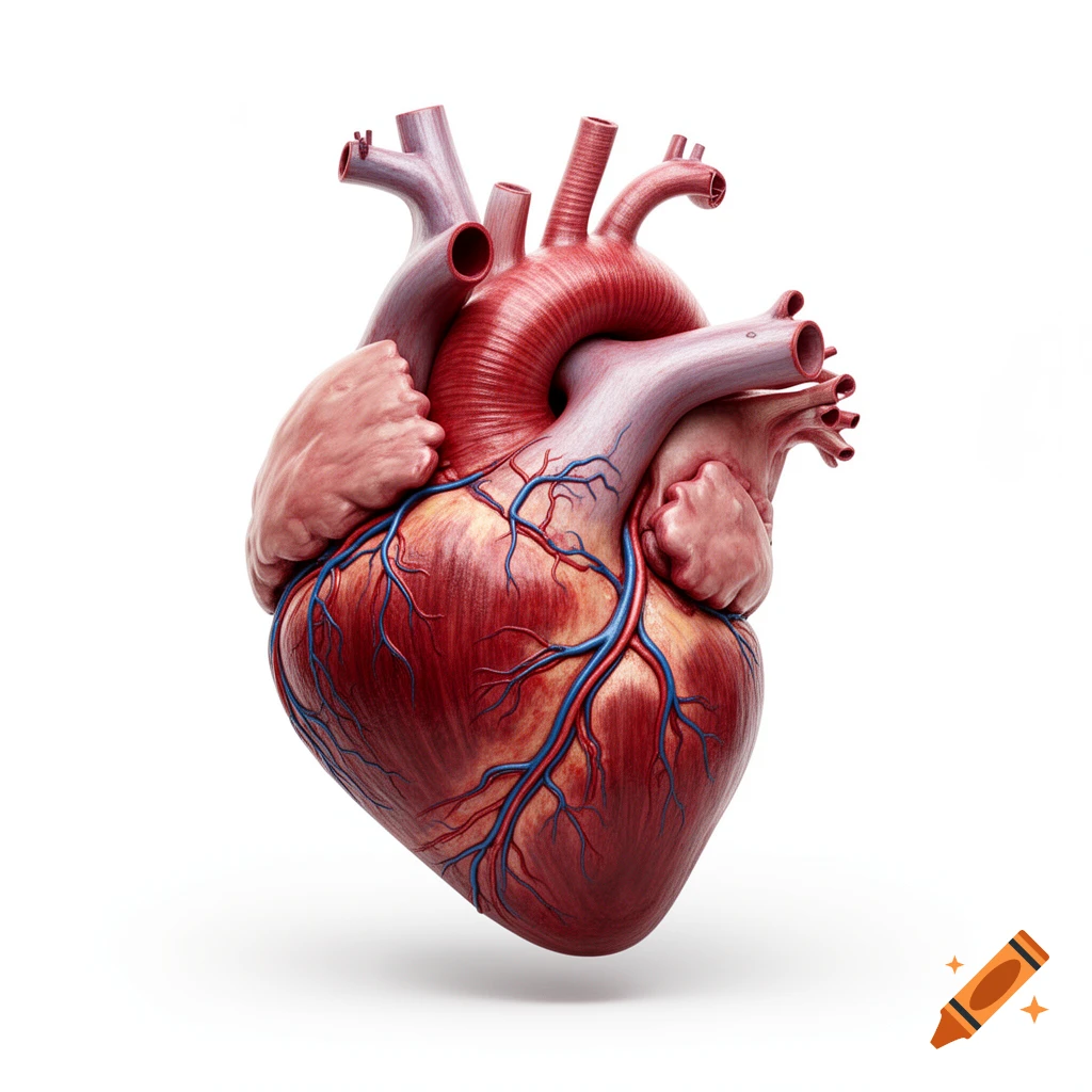 A detailed, photorealistic illustration of a human heart with arteries and veins, set against a white background.