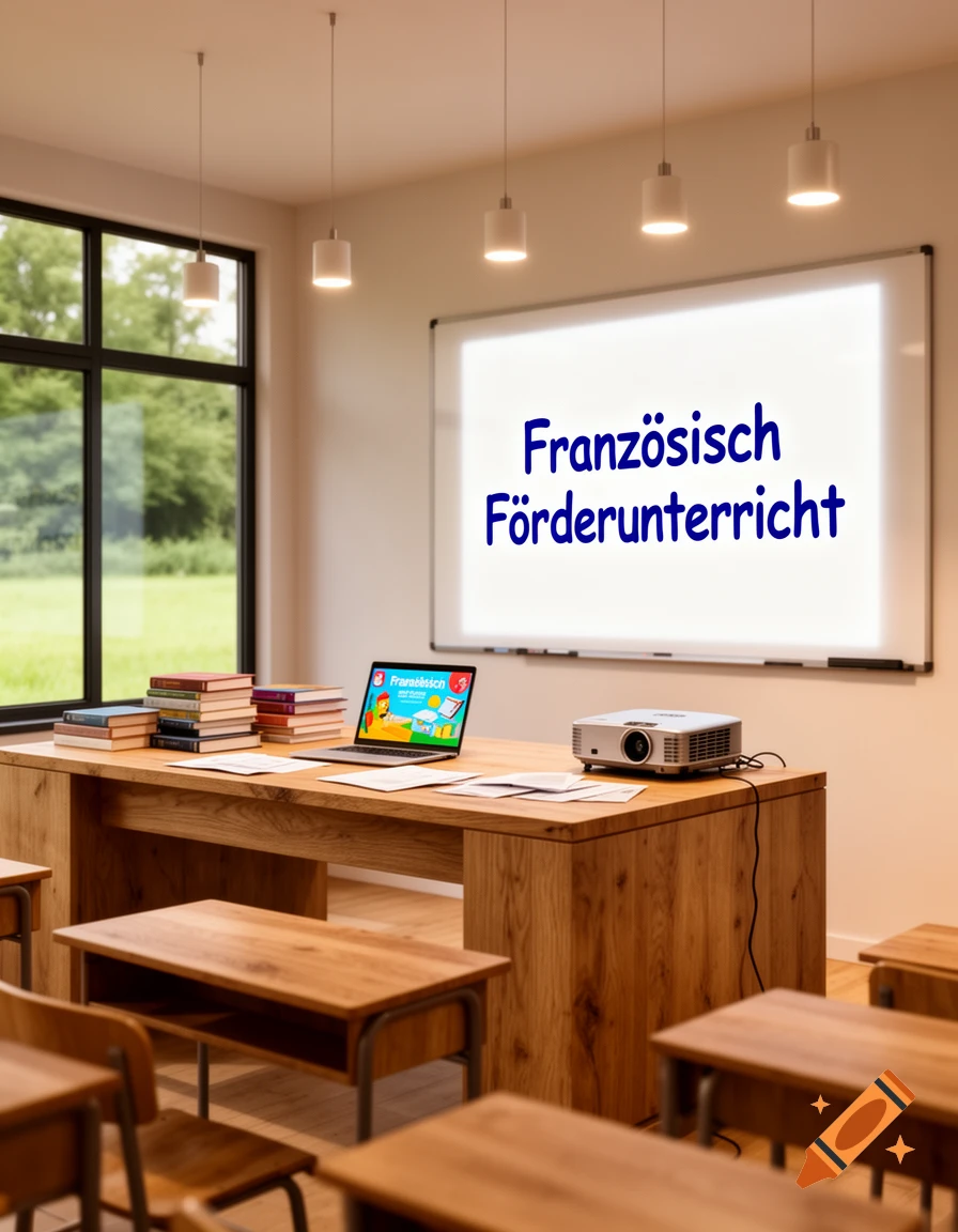 A modern classroom with wooden desks and chairs, a laptop, projector, and books. The whiteboard displays "Französisch Förderunterricht".