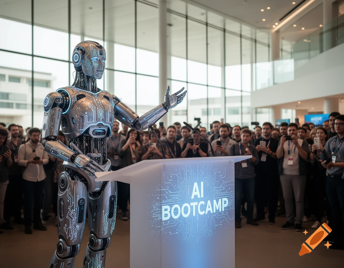 A photorealistic robot stands at a podium with 'AI BOOTCAMP' text, addressing a crowd of people in a modern, bright hall.