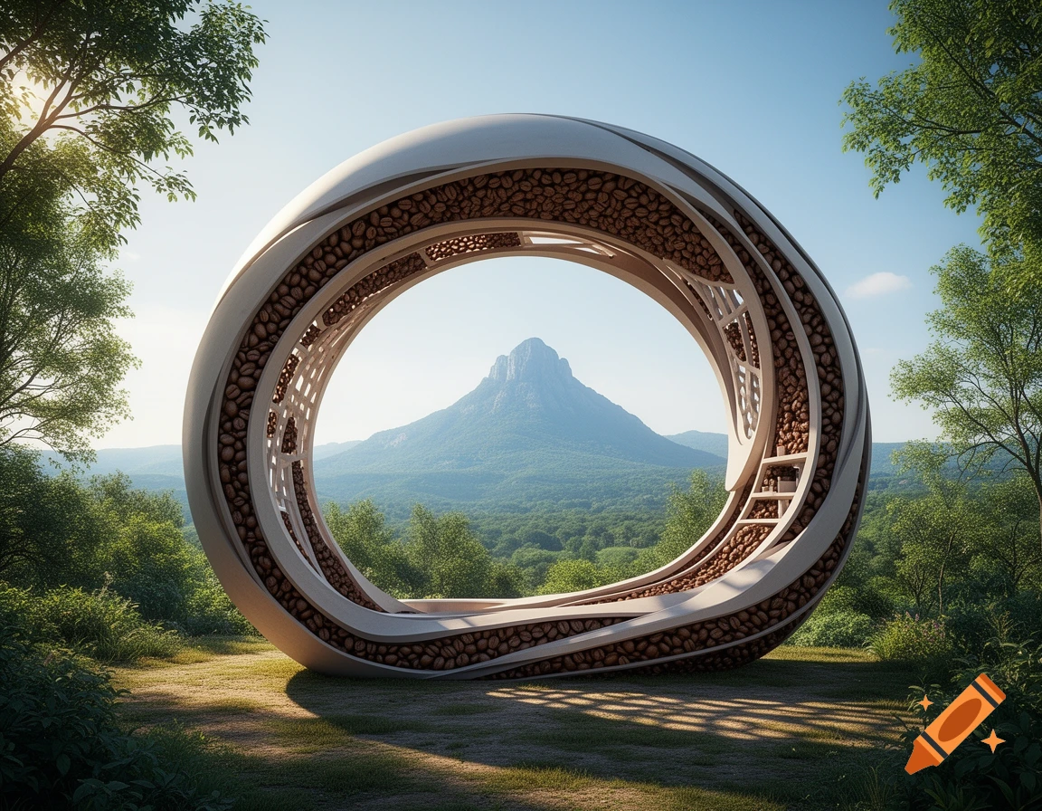 A large, white, doughnut-shaped pavilion filled with coffee beans stands in a green landscape with a distant mountain under a clear sky.