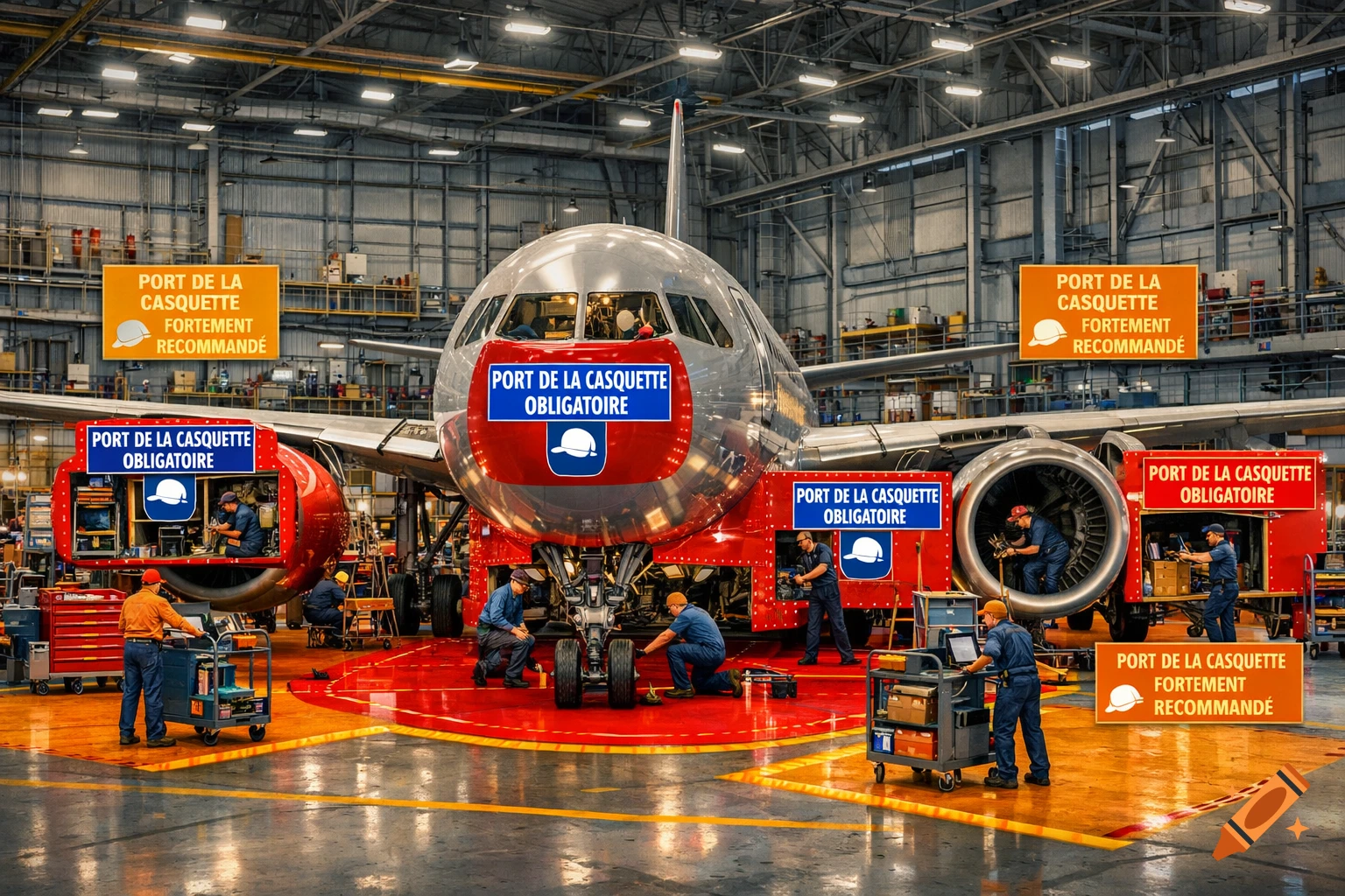 An airplane in a busy maintenance hangar, with mechanics working around it. Various signs indicate areas where wearing a cap is mandatory or recommended.