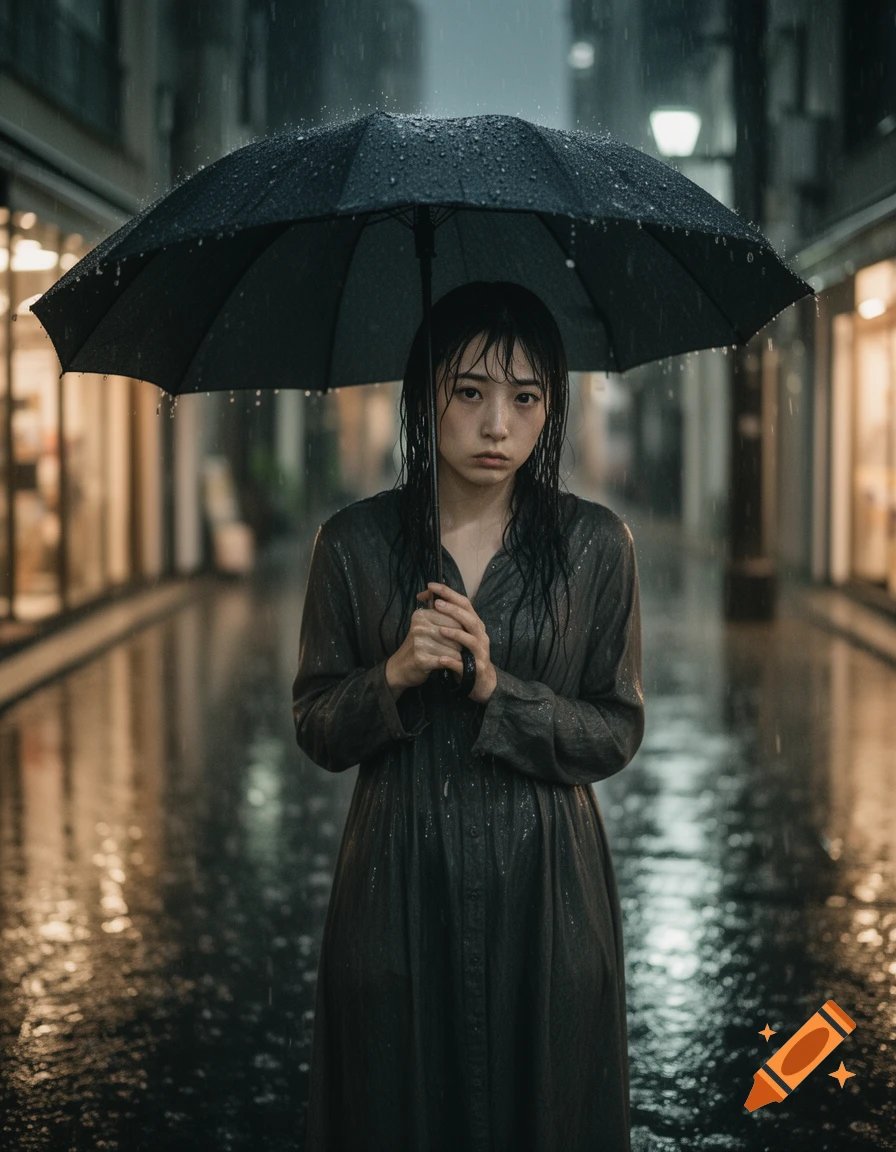 A melancholic Japanese woman under an umbrella on a rainy city street at night, with wet hair and clothes, in a realistic cinematic style.