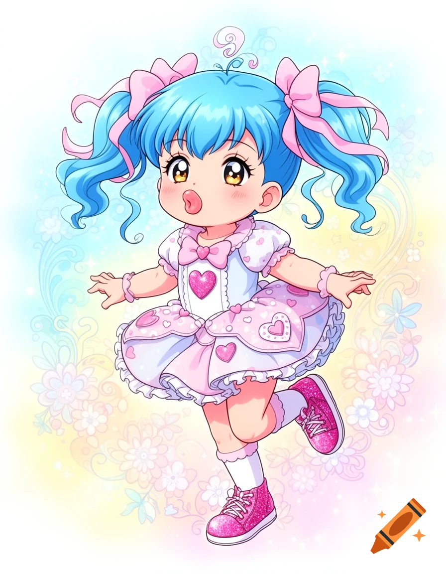A cute chibi anime girl with blue pigtails and a pink heart-themed dress stands with her mouth open, against a pastel floral background.