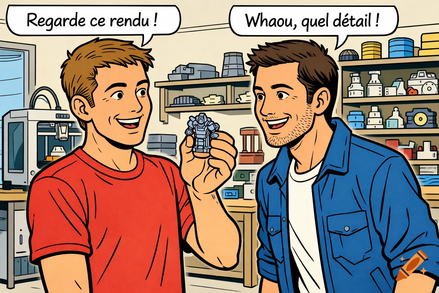 Two comic book style men in an atelier, one showing a small 3D printed object to the other, who admires it.