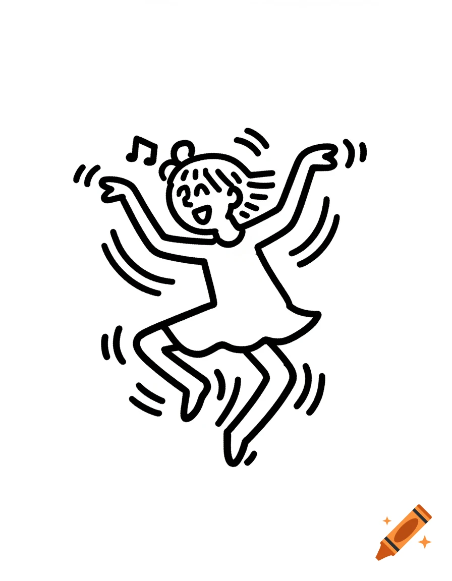 A minimalist black and white doodle in Keith Haring style of a girl happily dancing with musical notes.