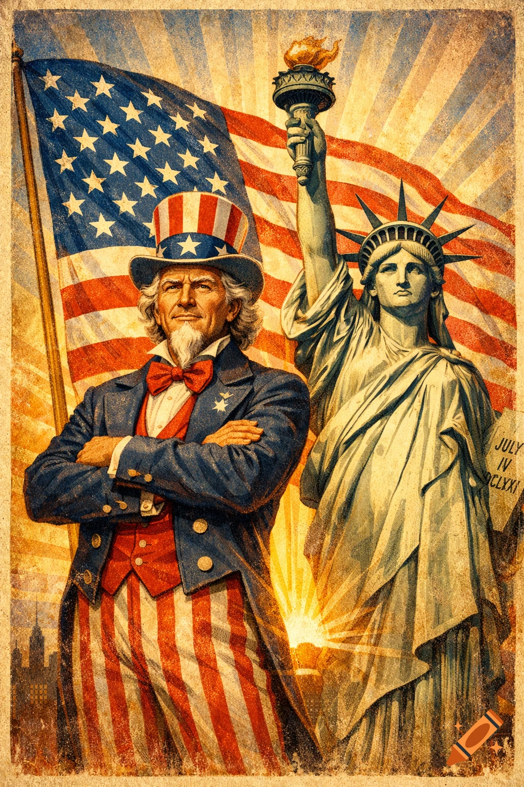 Vintage patriotic illustration of Uncle Sam and the Statue of Liberty in front of a waving American flag and sunrise, 1940s Americana style.