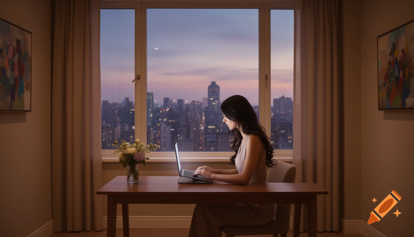 A dark-haired woman works on a laptop at a desk in a softly lit room, overlooking a city skyline at sunset.