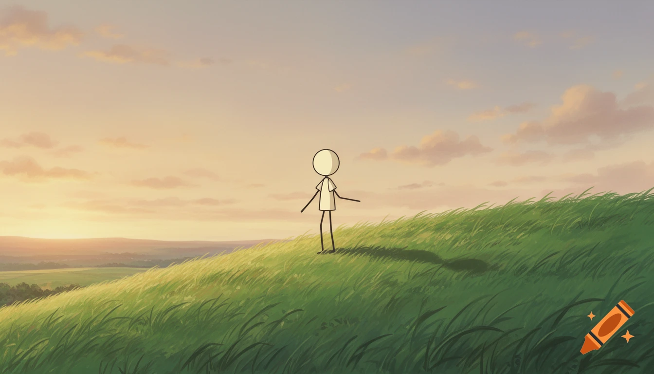 A stick figure stands on a green grassy hill under a warm, cloudy Ghibli-style sky at sunset.