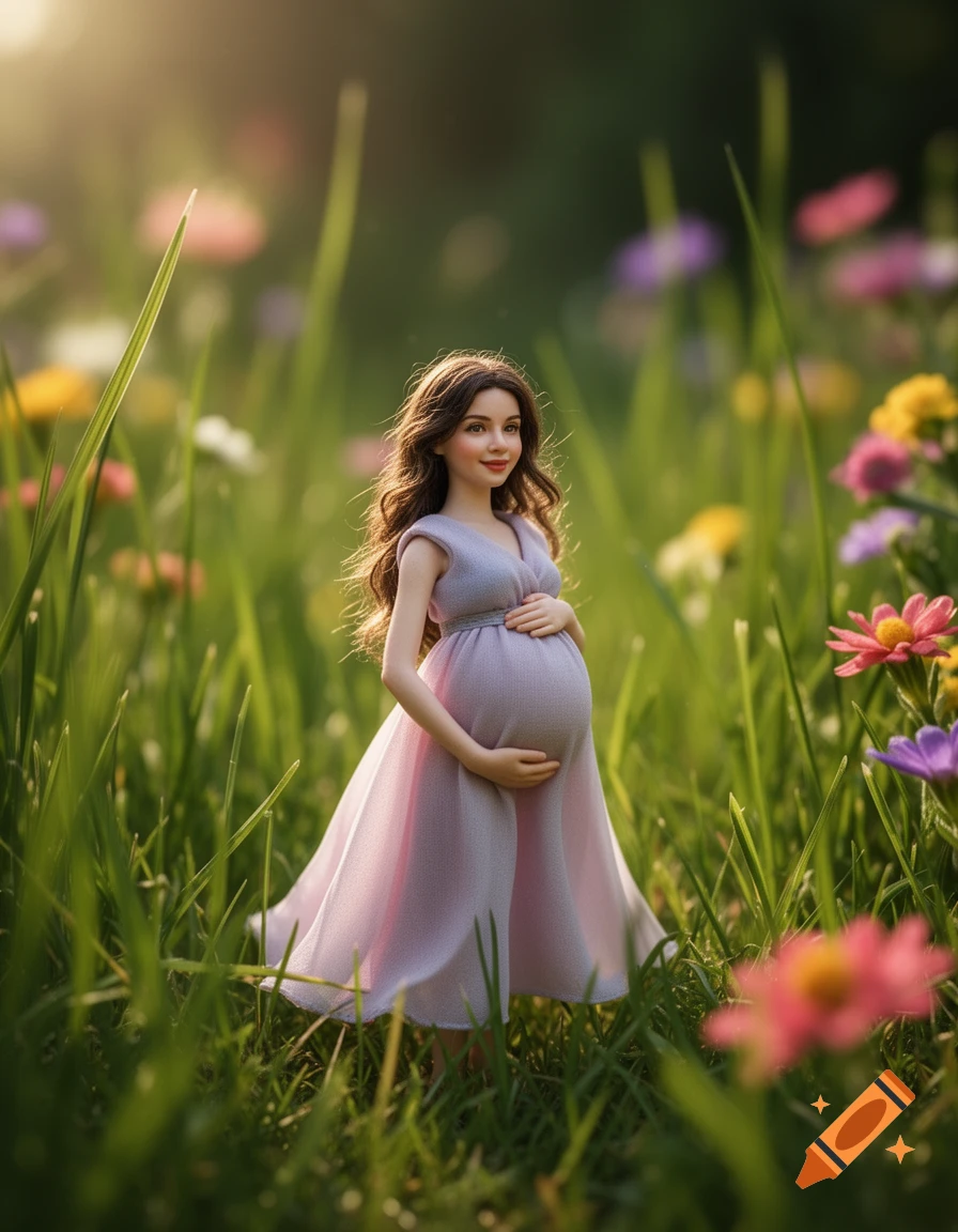A doll-like pregnant woman in a light dress stands in a sunny field of tall grass and colorful wildflowers, holding her belly.