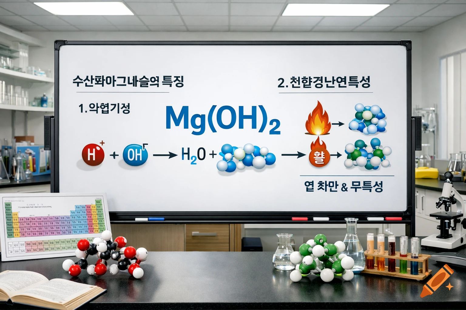 Photorealistic image of a chemistry lab with a whiteboard displaying chemical formulas, reactions, and Korean text about magnesium hydroxide properties. Molecular models, beakers, test tubes, and a microscope are on the counter.