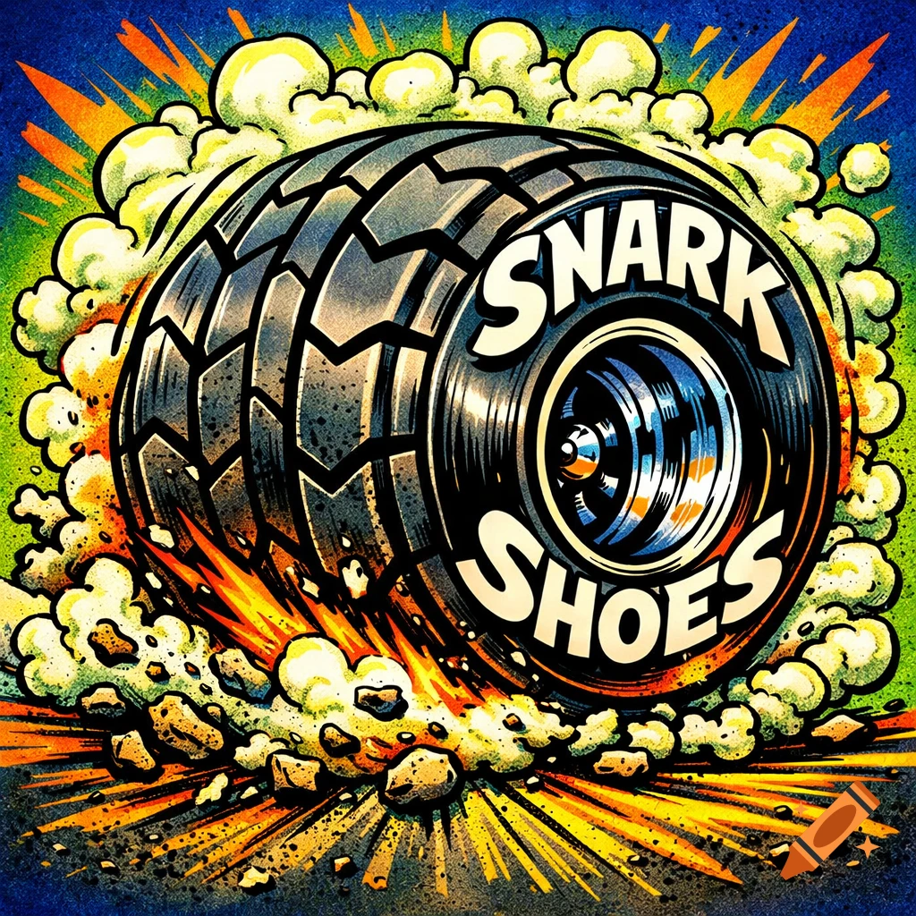 A retro cartoon of a drag racing tire doing a burnout, with 'SNARK SHOES' on the sidewall, in a Rat Fink style.