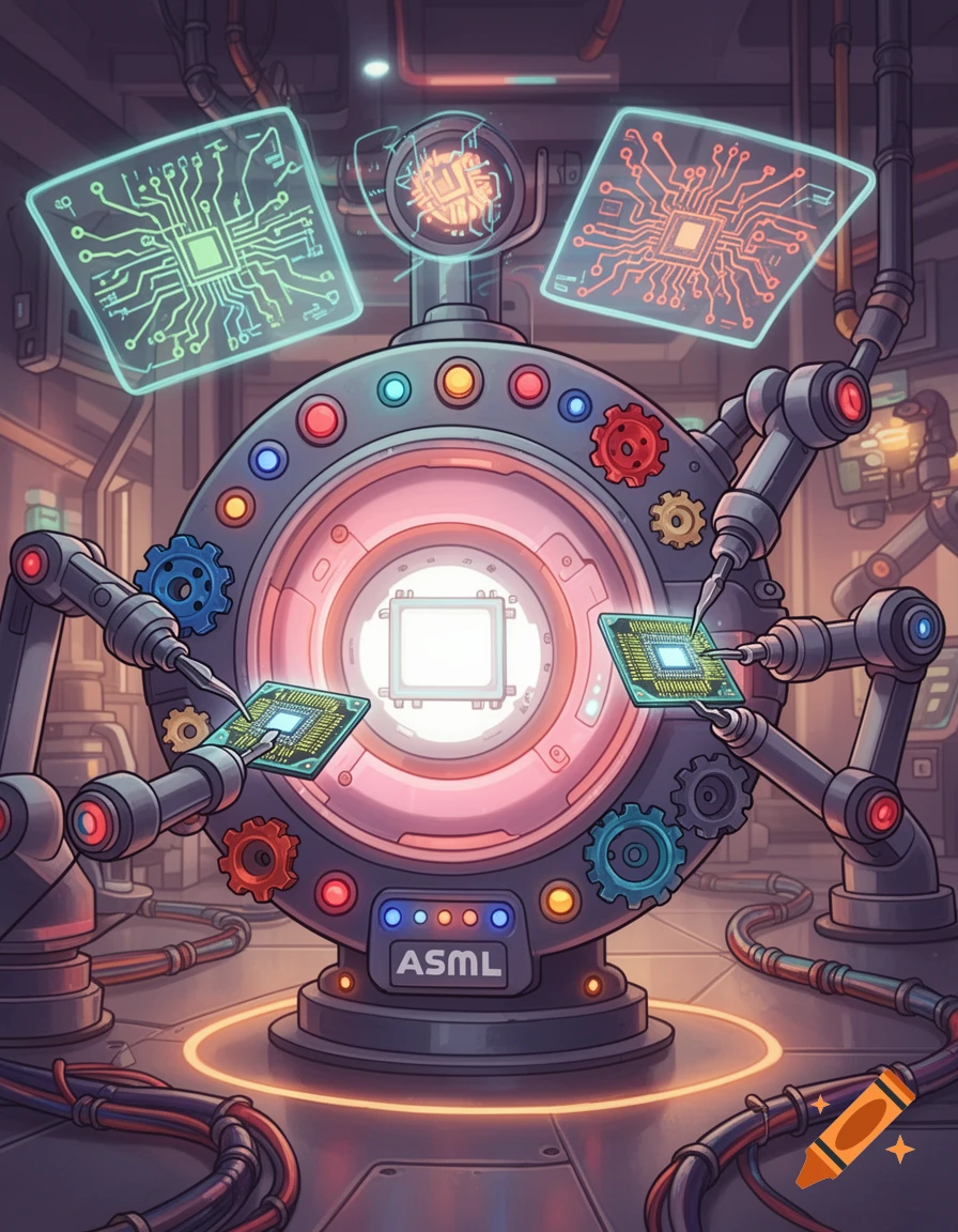 Cartoon machine with robotic arms assembling computer chips, glowing circuit boards, and 'ASML' label in a factory setting.