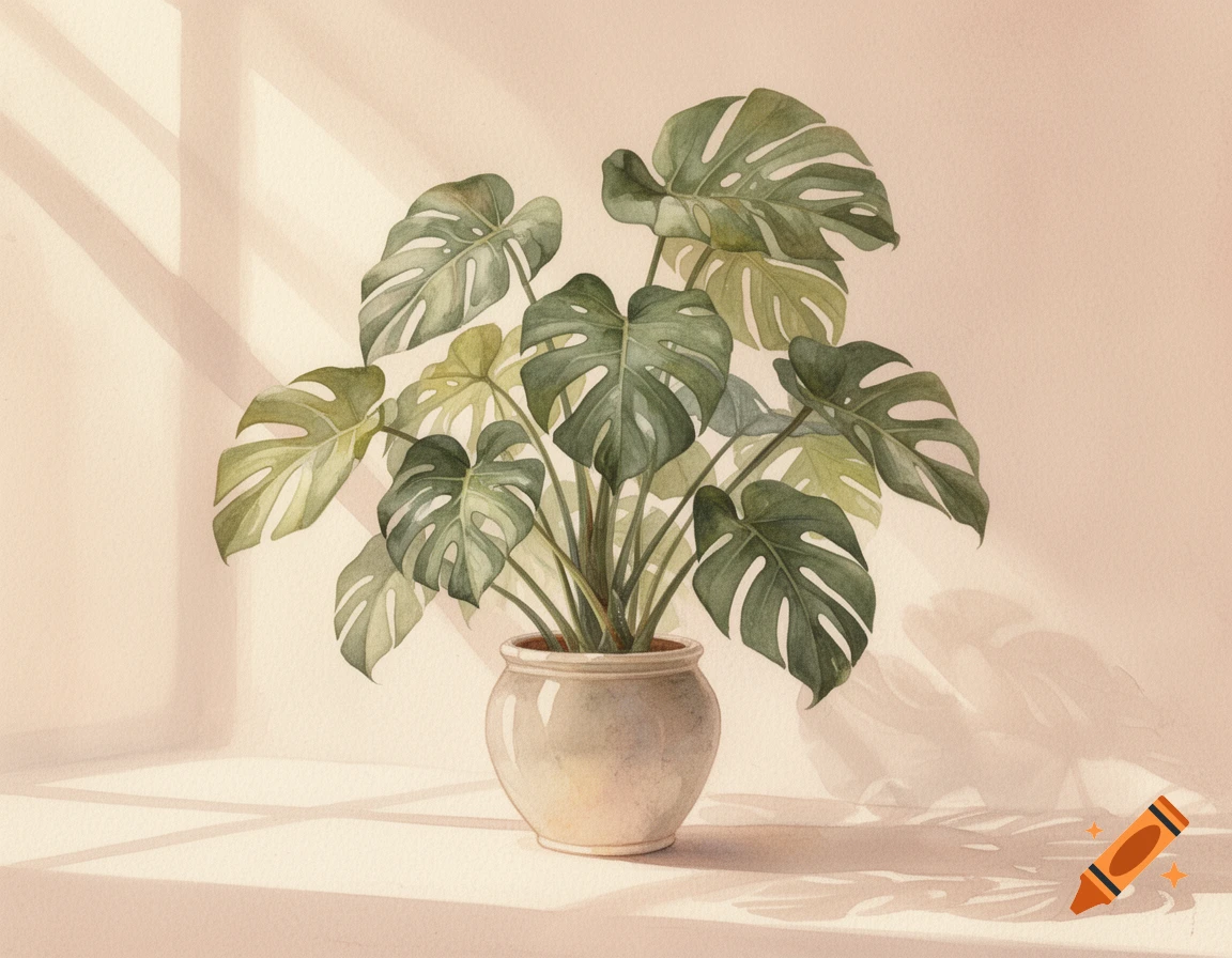 Watercolor painting of a large Monstera plant in a light pot, standing against a soft pastel background with dappled sunlight.