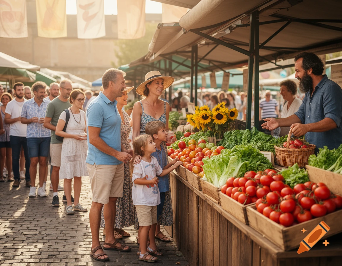 A family with two children smiles while standing at a vibrant outdoor market stall, looking at fresh produce with a smiling vendor.
