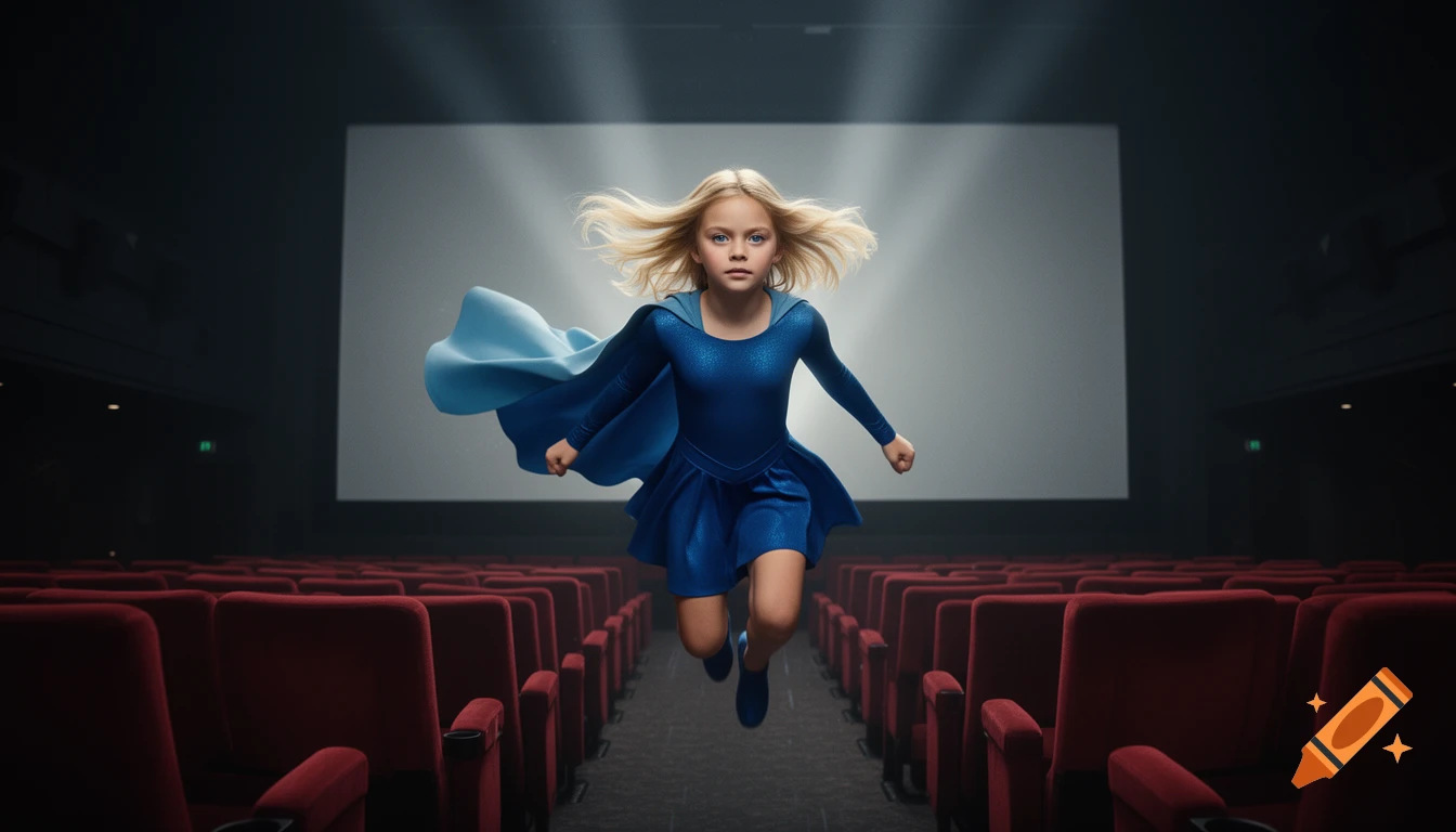 A blonde girl in a blue superhero dress and cape flies through a dark cinema with red seats and a bright screen.