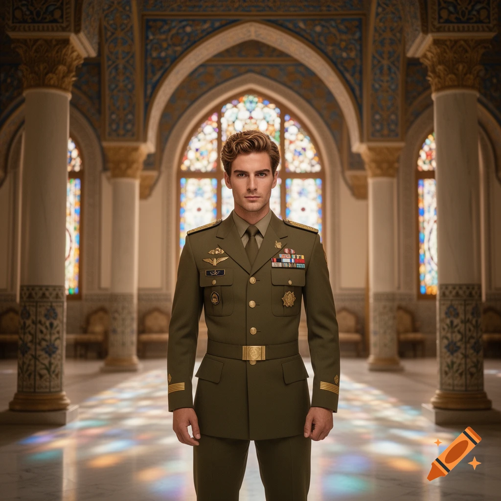 A man in a military uniform stands in an ornate Eastern palace with ...