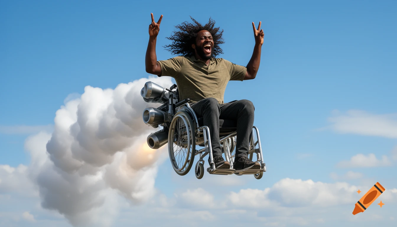 A dark-skinned man flies in a jet-powered wheelchair, screaming with joy and making peace signs against a blue sky with smoke trailing behind.