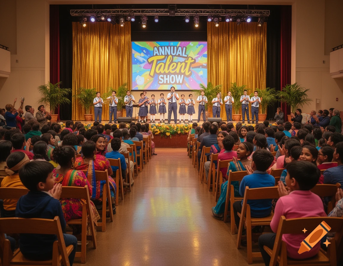 A wide shot of a school annual talent show with students performing on stage and an audience of children and adults watching.