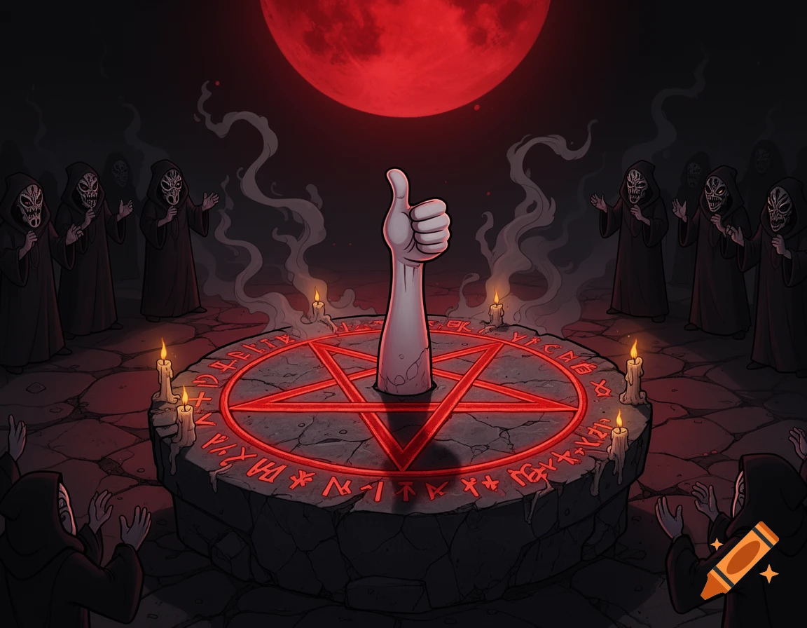 Cartoon of hooded figures performing a satanic ritual around an altar with a glowing pentagram, from which a thumbs-up arm emerges, under a red moon.