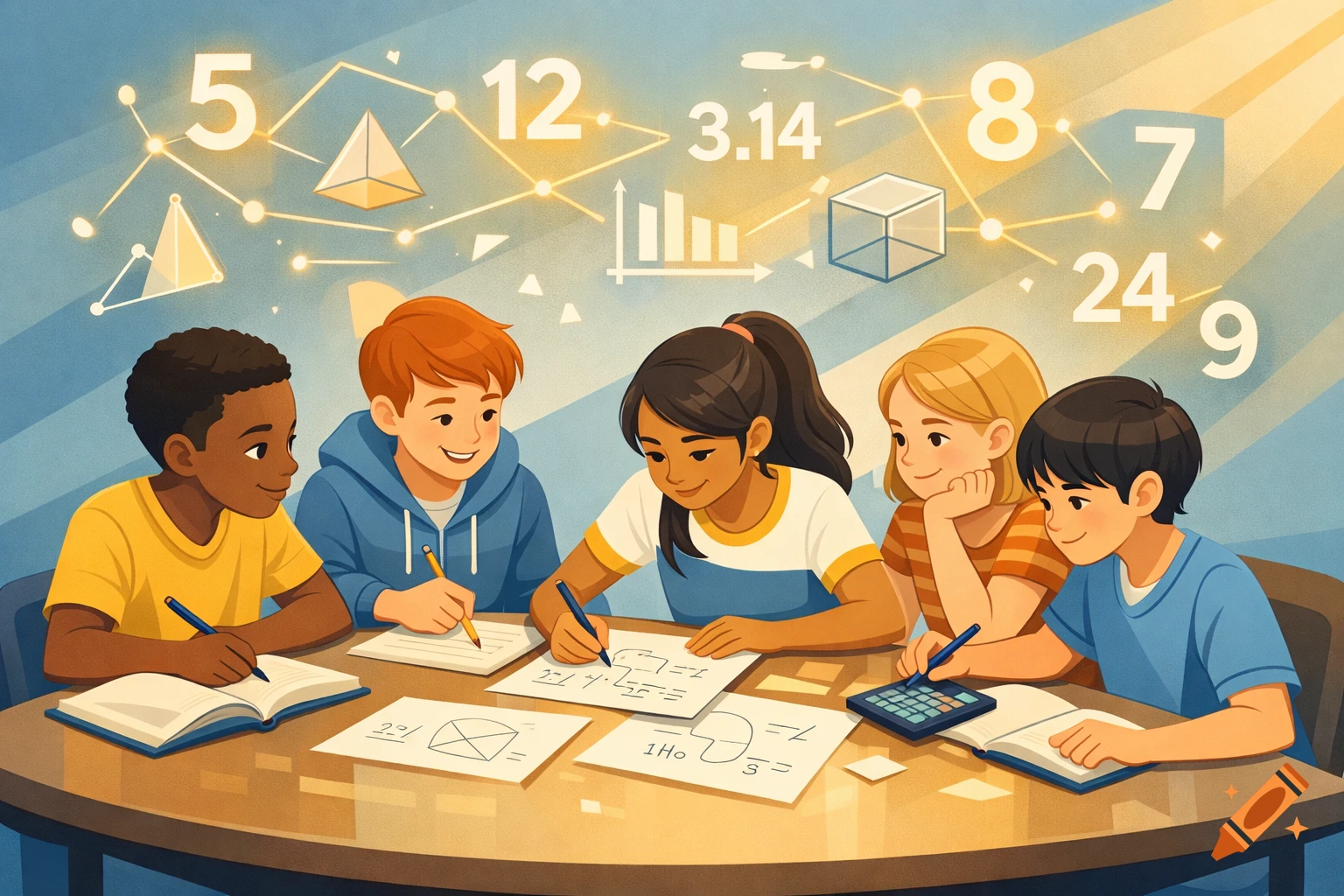 Diverse children at a table solving math problems with floating numbers and shapes, in a modern illustration.