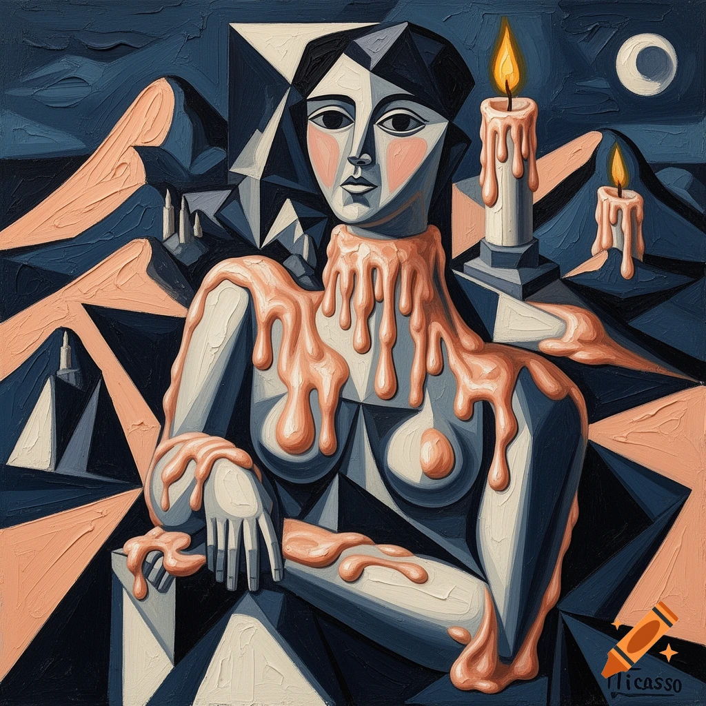 Cubist painting of a woman with melting wax on her body, standing before candles in a dark blue and peach landscape.
