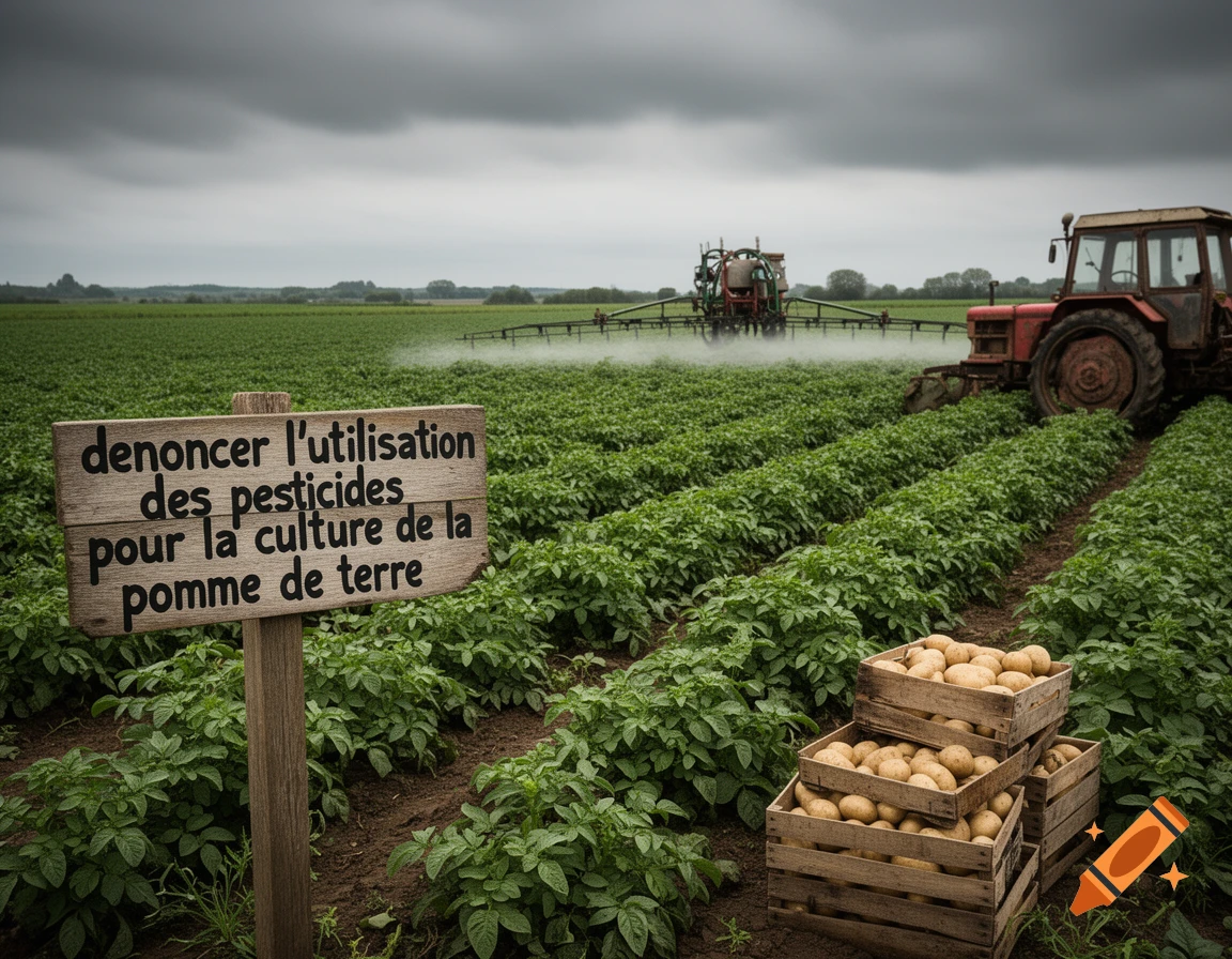 Photorealistic farm field with a tractor spraying crops, a sign about pesticide use, and crates of harvested potatoes.