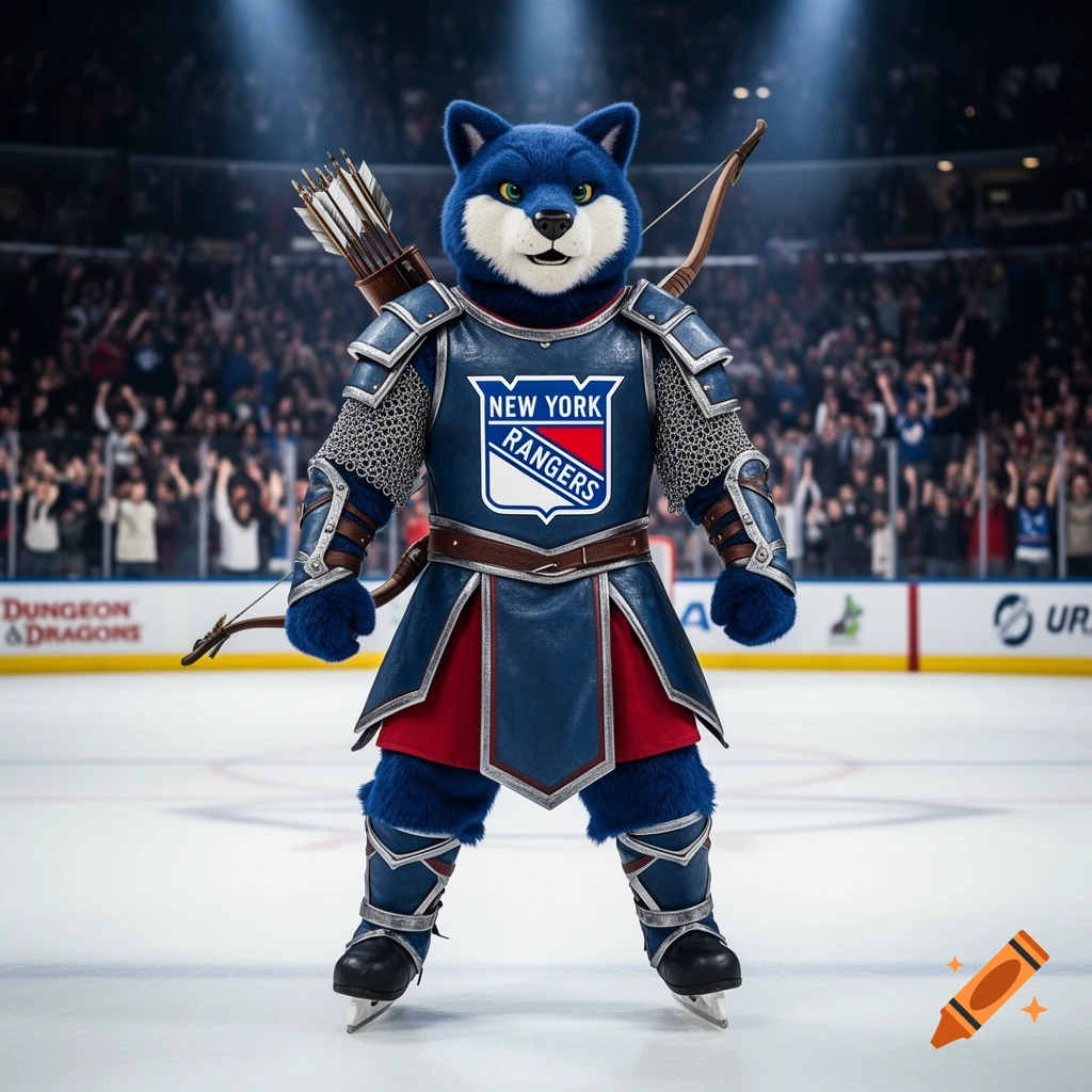 Blue wolf mascot in medieval armor with New York Rangers logo, bow, and ice skates on a hockey rink.