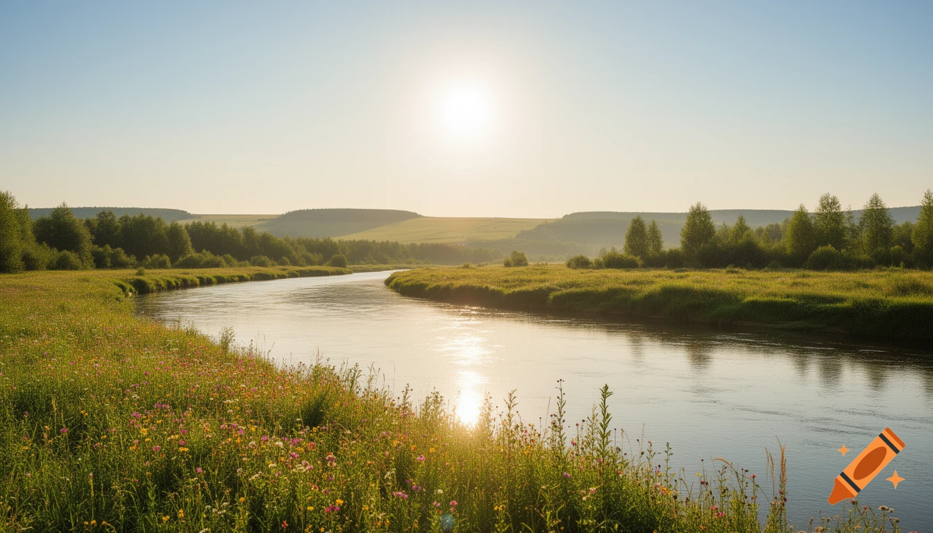 A wide river flows through a vibrant green meadow with wildflowers under a clear, bright sunny sky, creating a peaceful scene.