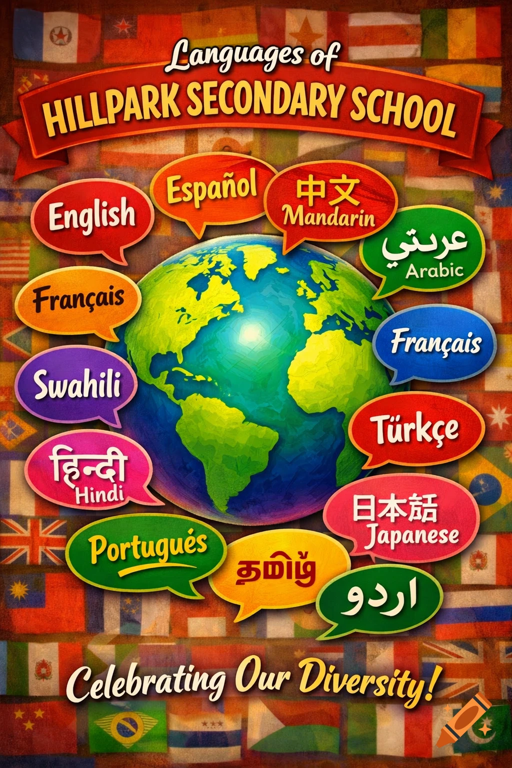 A colorful educational poster for Hillpark Secondary School, featuring a globe surrounded by speech bubbles listing various languages against a background of national flags. It reads "Languages of Hillpark Secondary School" and "Celebrating Our Diversity!"
