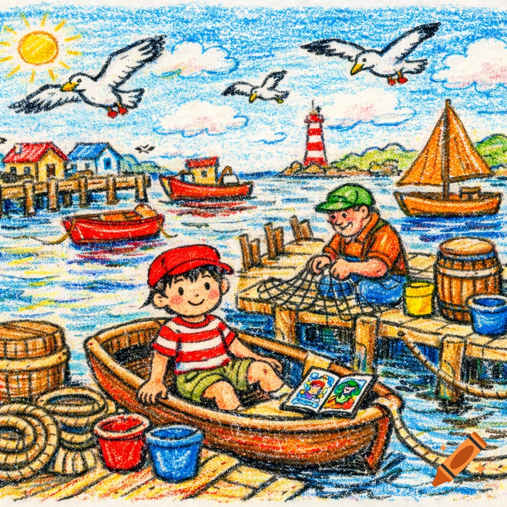 Colorful crayon drawing of a boy in a boat at a busy harbor, with a fisherman, boats, lighthouse, and gulls.