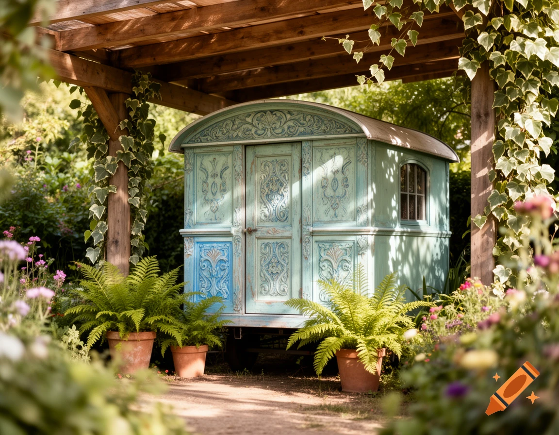A teal and blue bohemian caravan with intricate patterns is nestled in a lush garden under a wooden pergola, surrounded by ferns and flowers.