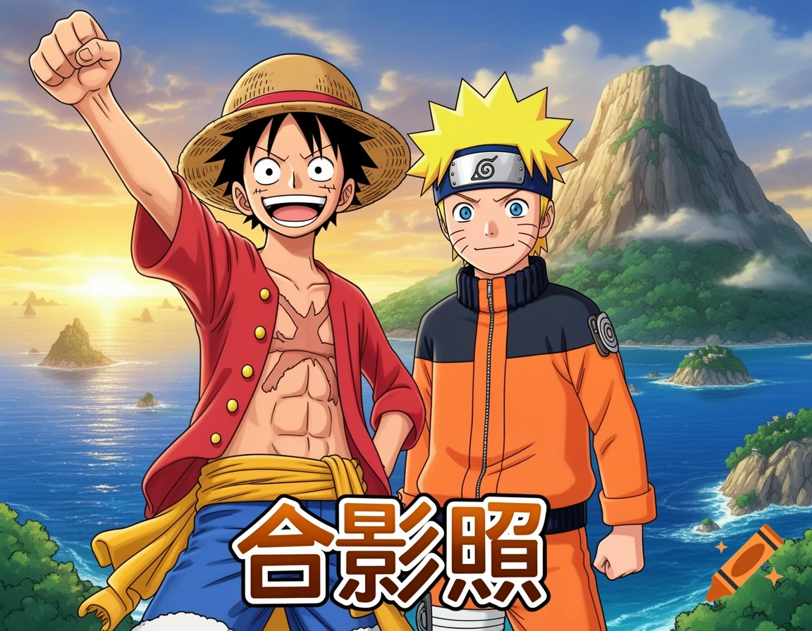 Anime characters Luffy and Naruto pose for a group photo against a sunset island backdrop, with '合影照' text.