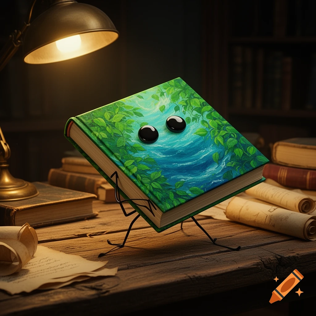 A whimsical, anthropomorphic green and blue book with black dot eyes and thin wire limbs stands on a wooden desk, lit by a warm lamp.