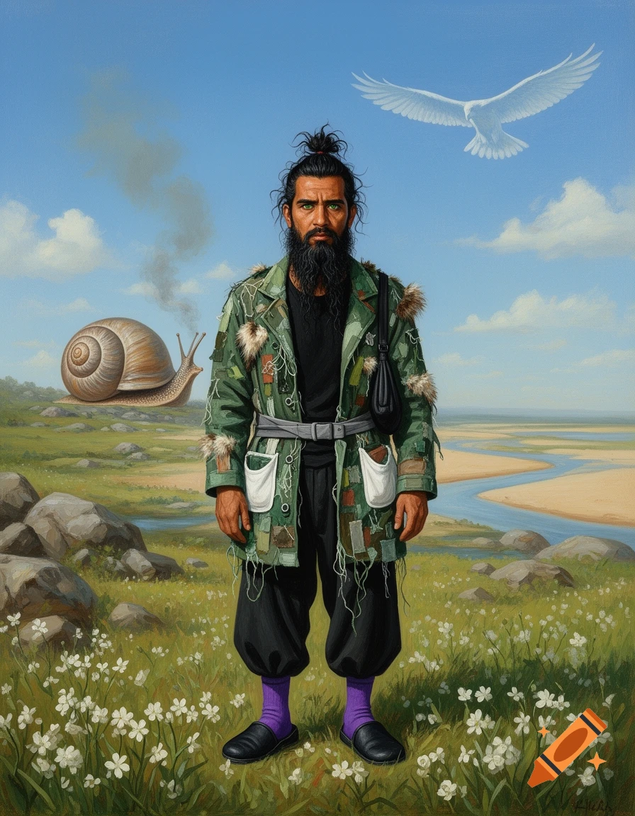Oil painting of a man in a patchwork coat standing in a meadow with a smoking snail and a ghostly eagle.